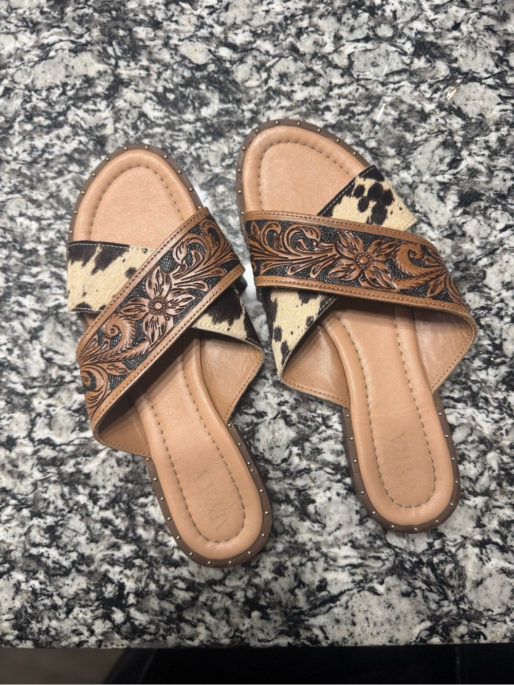 Myra Women’s Tan Leather Cross-Strap Slide Sandals with Haircalf Accent